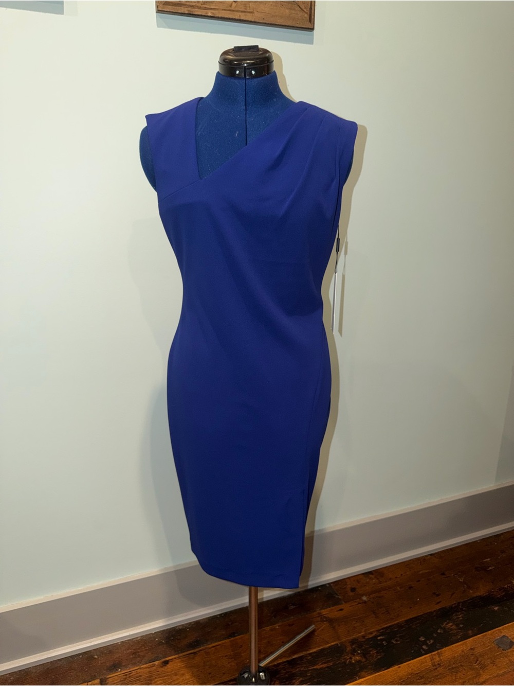 Calvin Klein asymmetrical neck line Royal Blue Sheath Dress